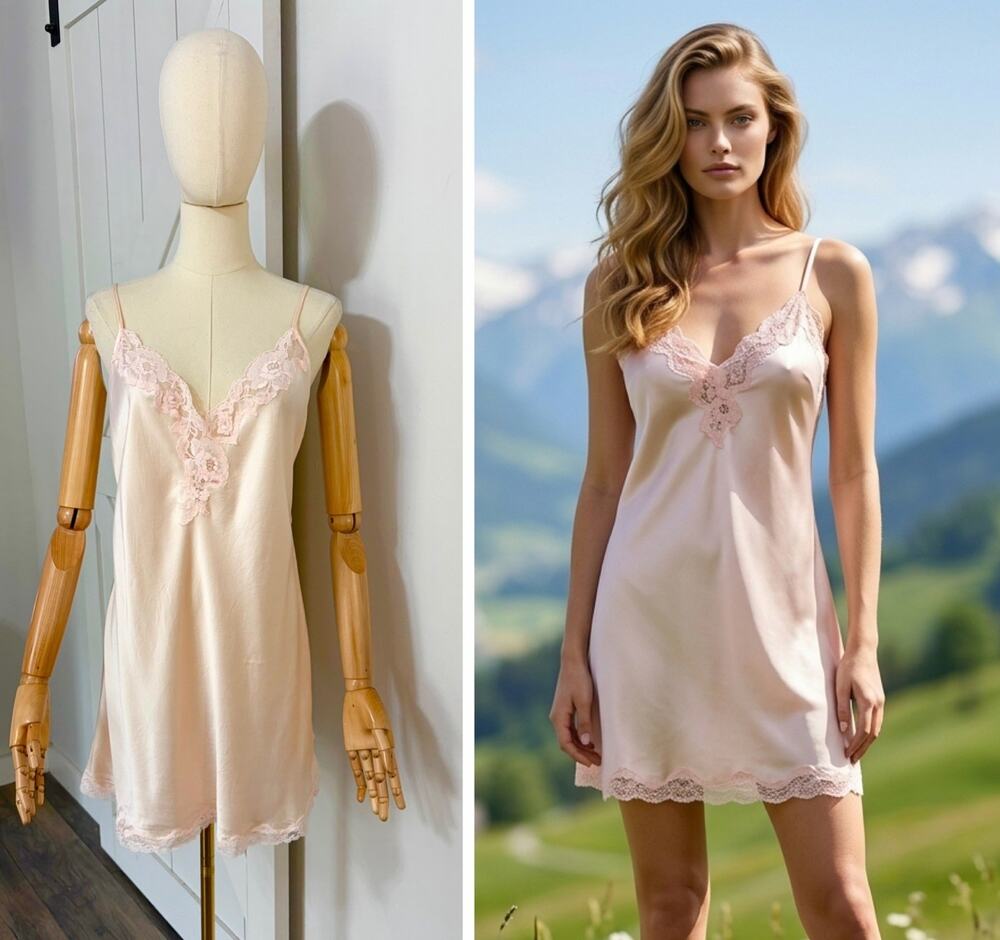 Vintage Victoria's Secret Size L Baby Pink Silk Lace Slip Dress Mesh Back Y2K